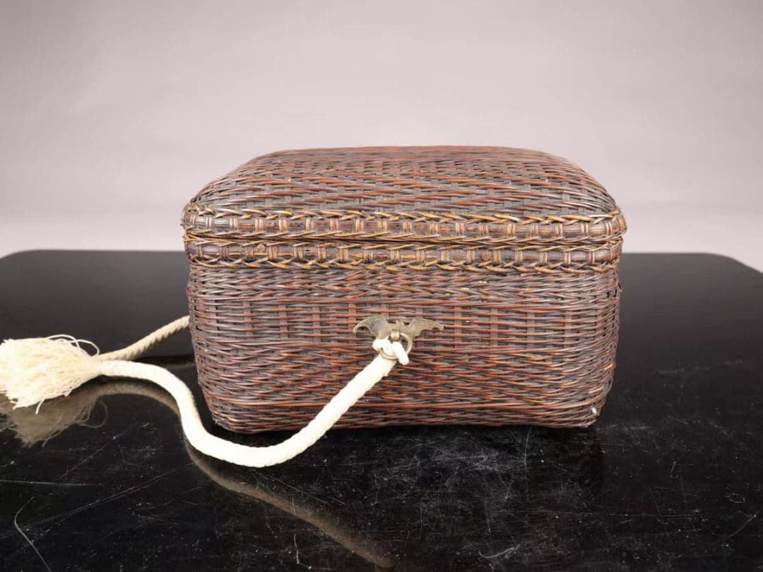 A118 竹編茶箱 竹細工 籐編縁 茶道具 高11㎝ 幅17×11㎝