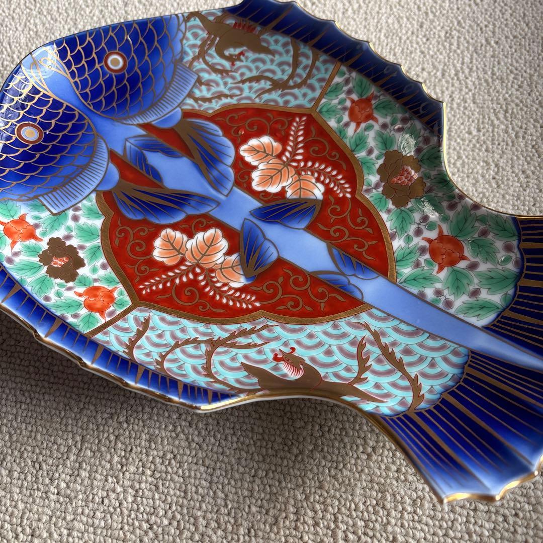 深川製磁 古伊万里鳳凰割地紋 魚型皿