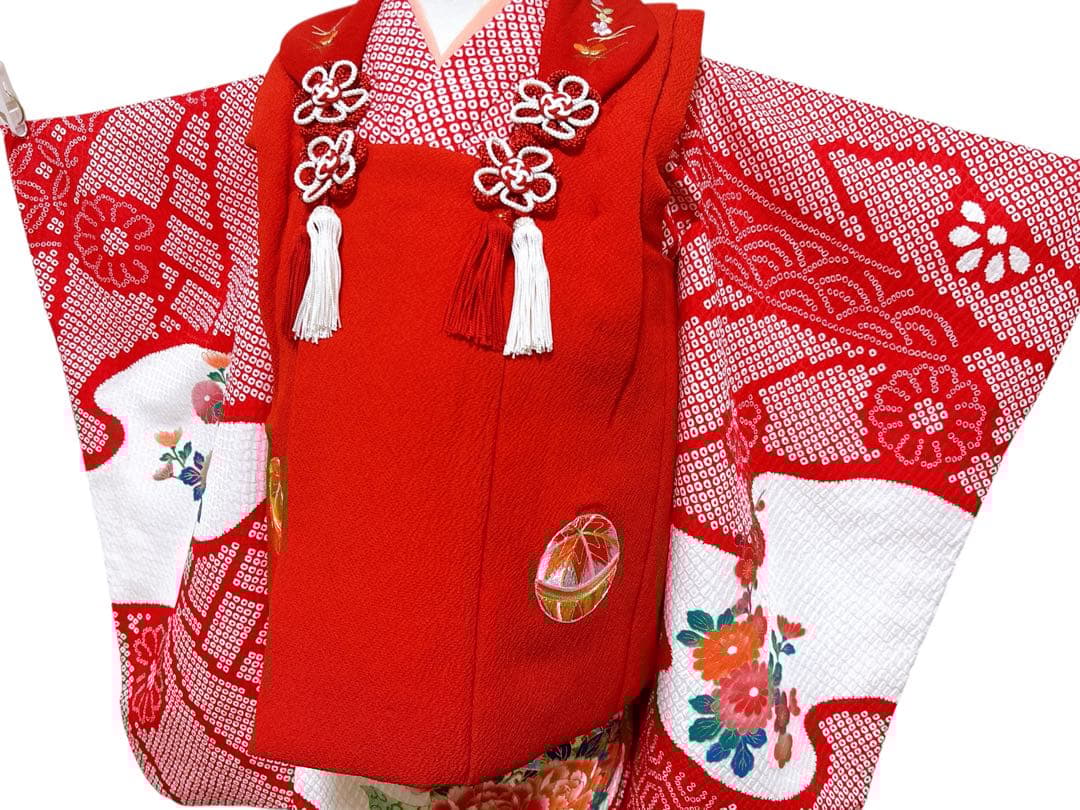 正絹鹿の子柄♡七五三　3歳　女の子　フルセット　一式　赤系　刺繍入り被布