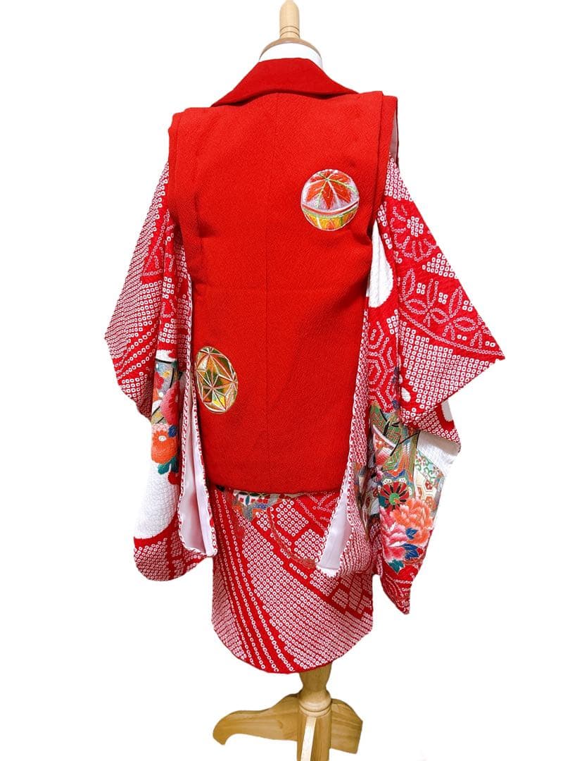 正絹鹿の子柄♡七五三　3歳　女の子　フルセット　一式　赤系　刺繍入り被布