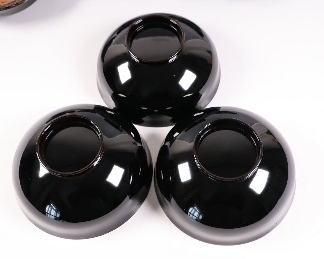 MB194】天然木漆塗 鳳凰桐唐草 金蒔絵 黒塗 吸物椀 三客 大正昭和