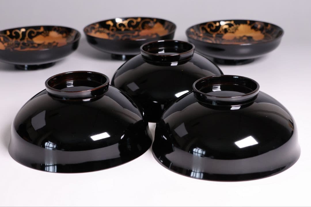 MB194】天然木漆塗 鳳凰桐唐草 金蒔絵 黒塗 吸物椀 三客 大正昭和