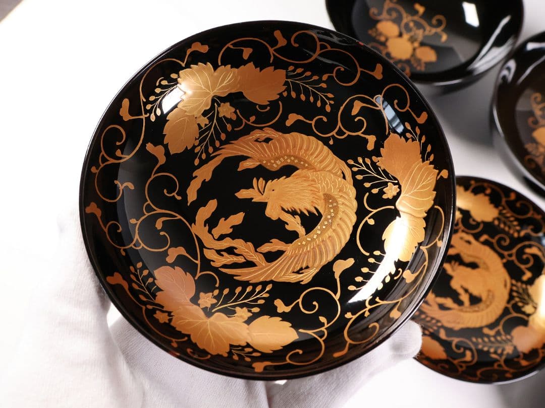 MB194】天然木漆塗 鳳凰桐唐草 金蒔絵 黒塗 吸物椀 三客 大正昭和