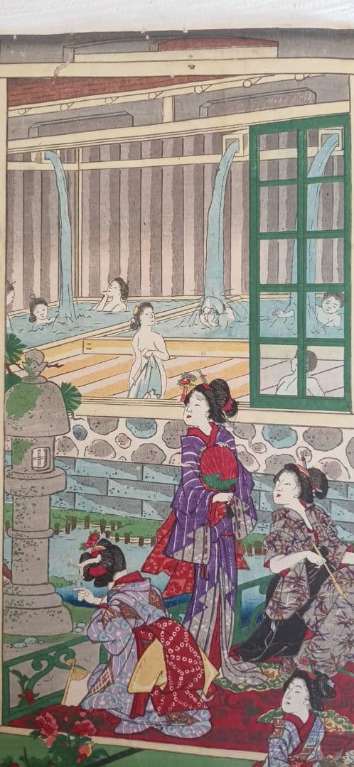 稀浮世絵版画、温泉遊客之圖三枚綴り、歌川芳藤画明治15年出版 - メルカリ