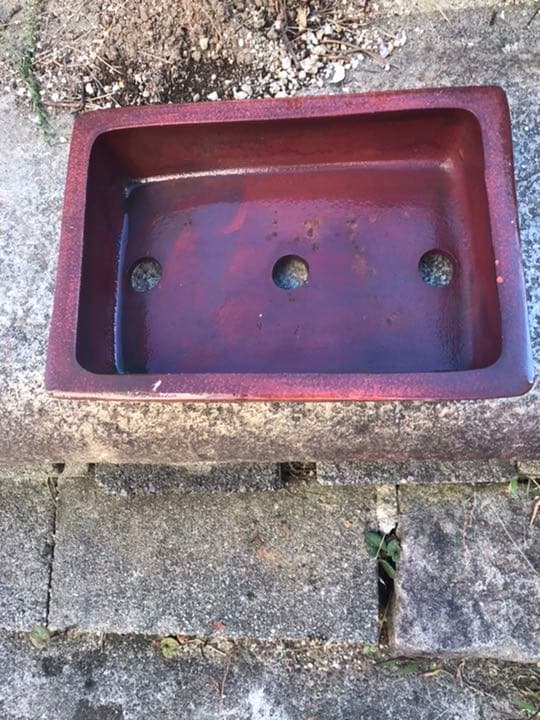 盆栽鉢　時代銭号赤色梨皮上帯長方盆栽鉢32x23x9