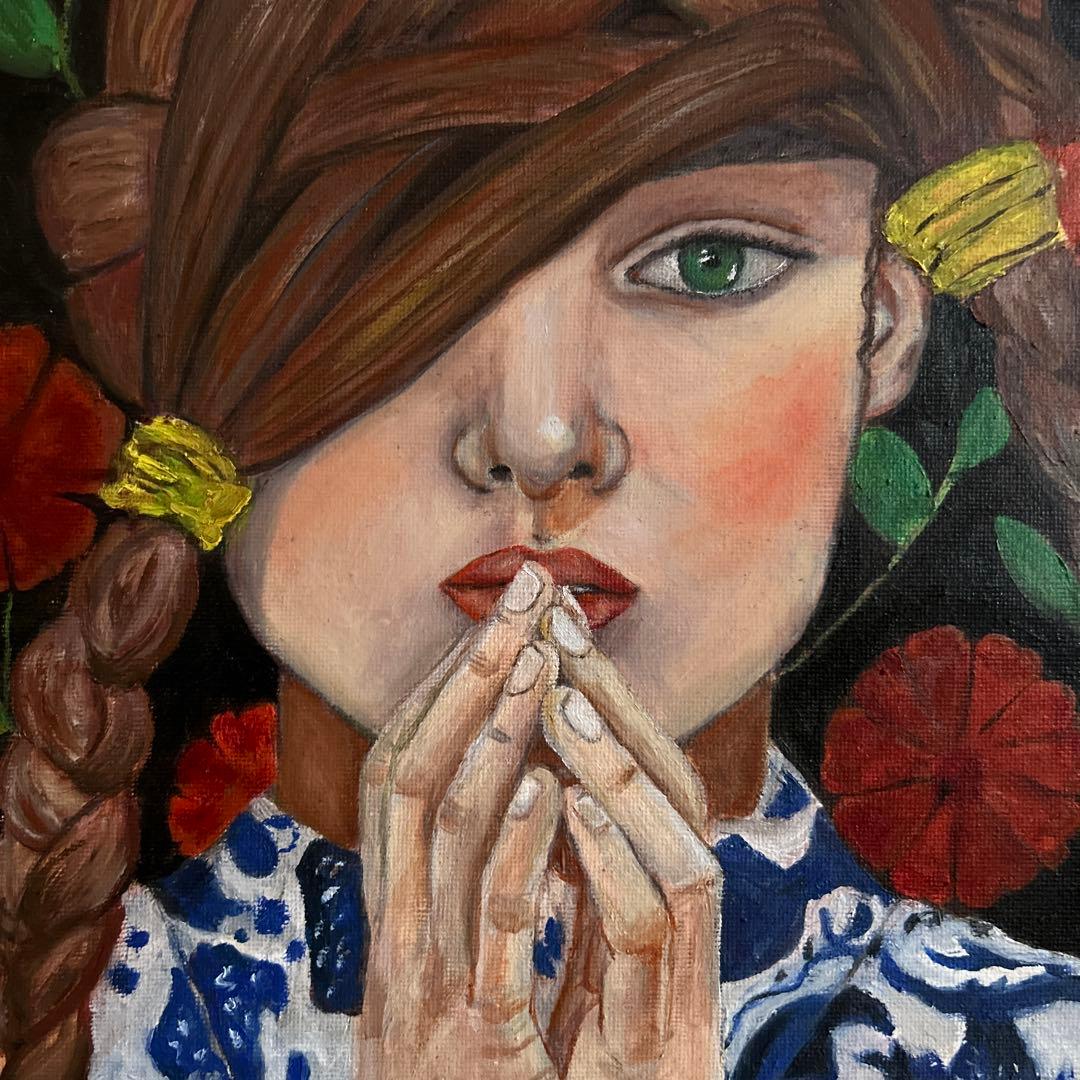 手作り油絵　木額縁入り 少女