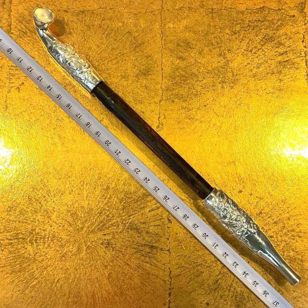 M0128【骨董煙管】純銀製 松流軒 政輝 作 源平武者彫刻煙管 キセル 157g