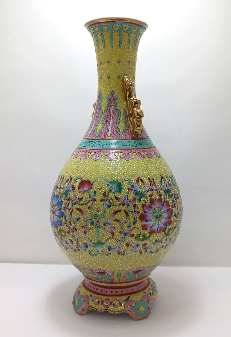 Y2374 中国 大清乾隆年製 粉彩 黄地粉彩双耳花瓶 壷 高さ26.7㎝