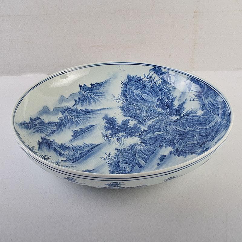 中国　景徳鎮　倣大清康煕年製　青花山水文　大鉢　大皿　C　8942A