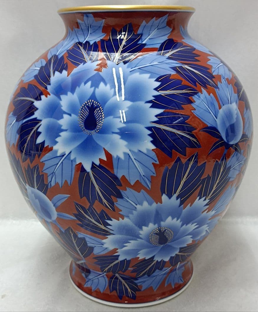 オールド香蘭社 レア陶印ロゴ金線 木蓮紋染付赤瑠璃金彩花瓶・飾り壺