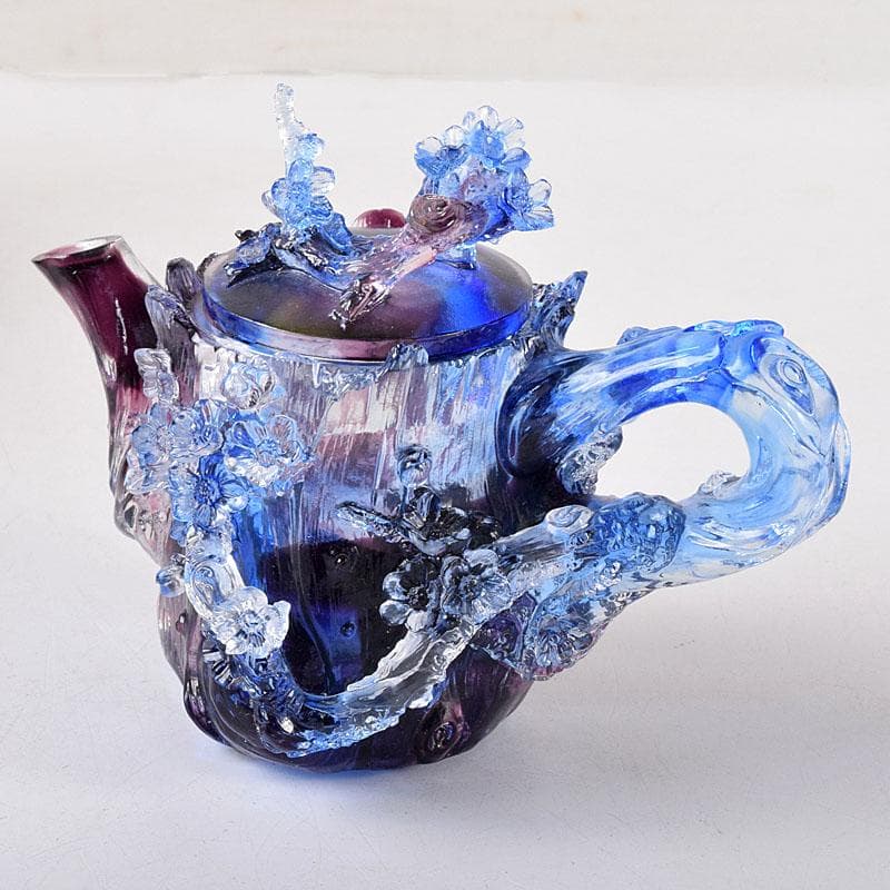 中国 ガラス工芸 琉璃夏氏 花彫刻 急須型 置物 箱・証明書付 C 8201