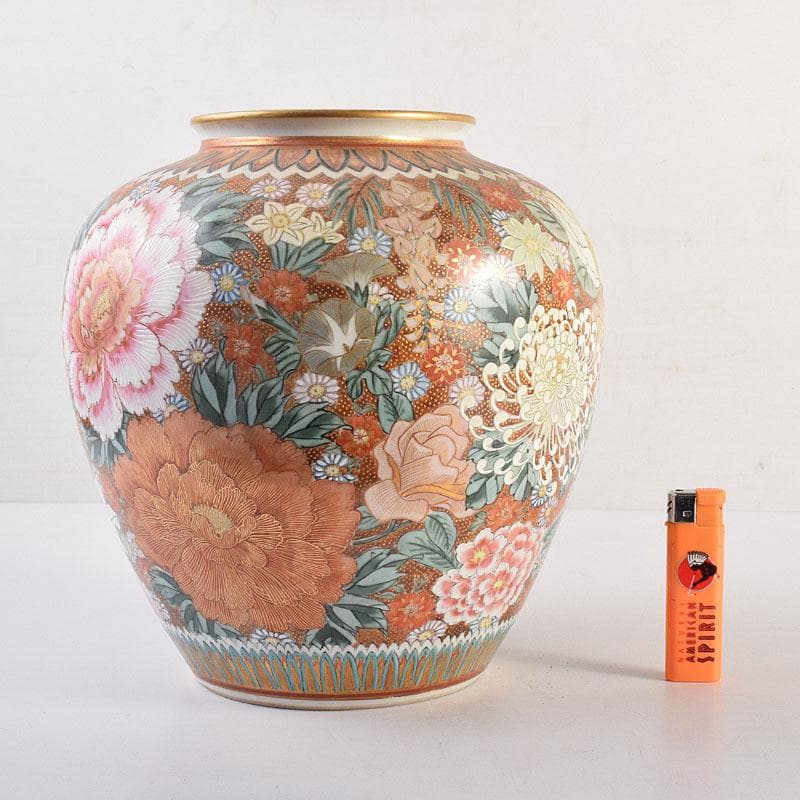 りか 九谷焼名工 九谷中田錦玉 百花繚乱 花詰文壷 花入 D