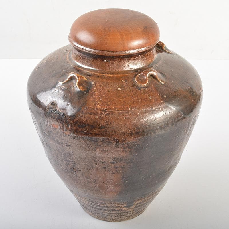 瀬戸焼　古瀬戸　四耳壷　葉茶壷　木製蓋付　高さ約24cm　時代箱　VR7341B