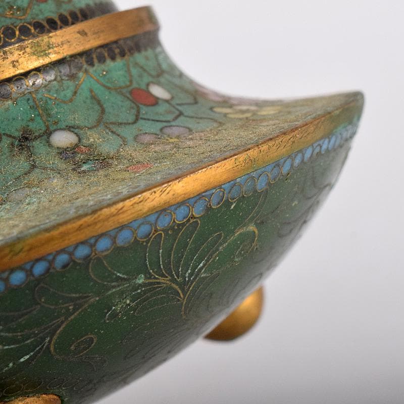 中国　古七宝琺瑯彩　花唐草文　三足蓋爐　香炉　M　R8546