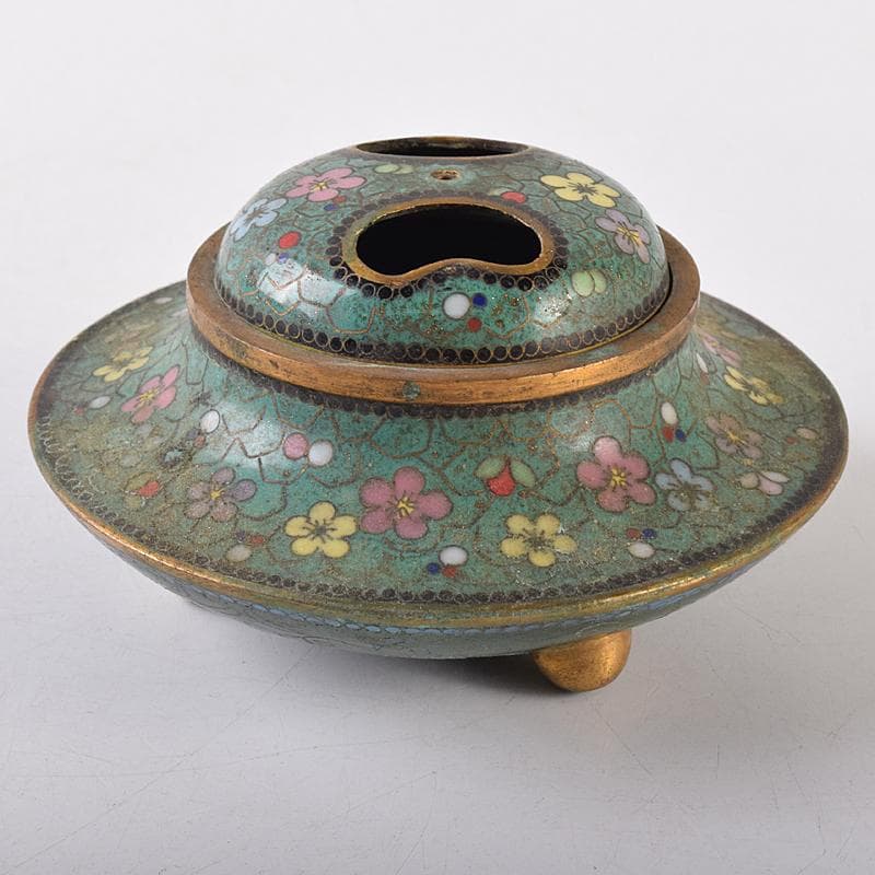 中国　古七宝琺瑯彩　花唐草文　三足蓋爐　香炉　M　R8546