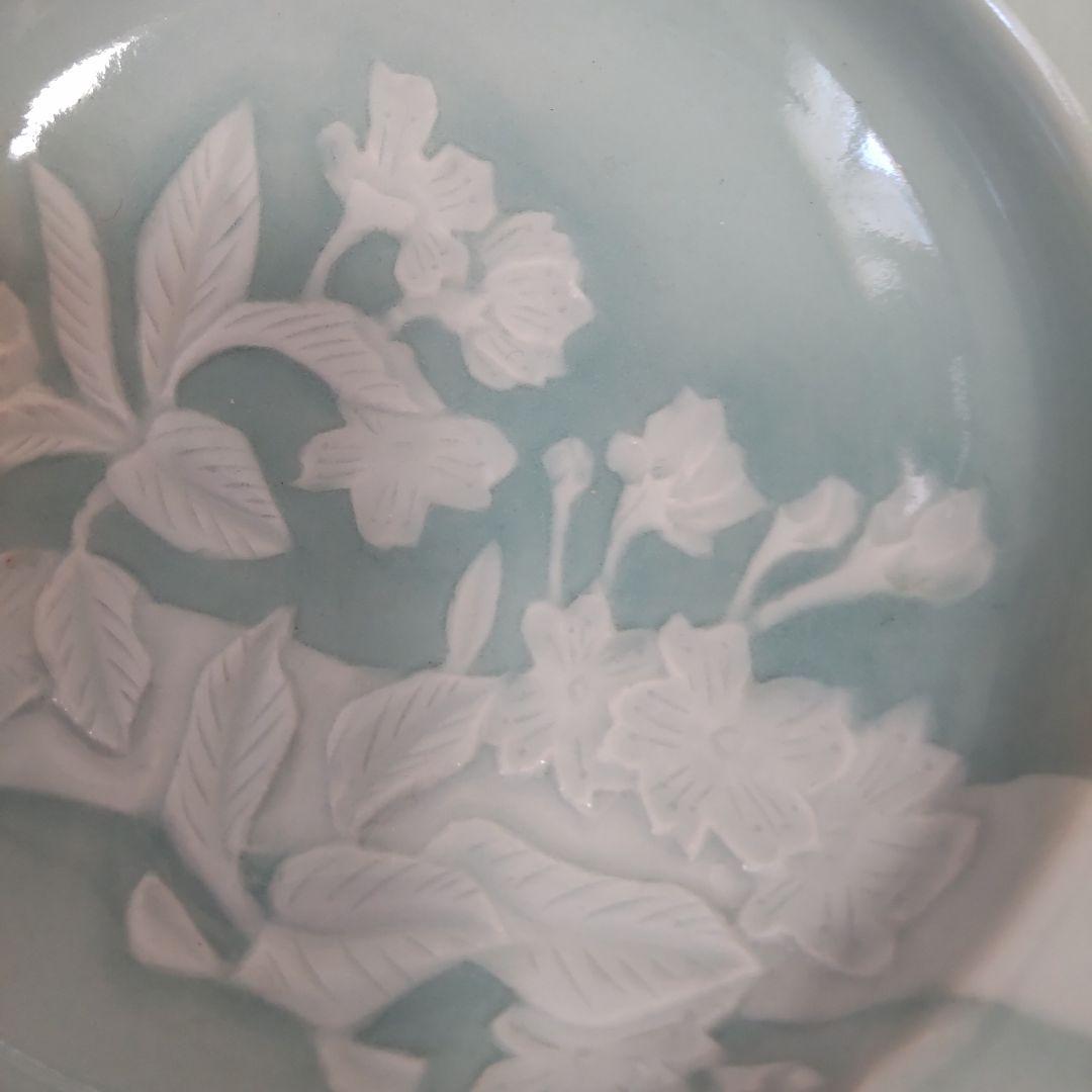 九谷焼小鉢五枚組 青白瓷桜文彫り四方 池島保雄作