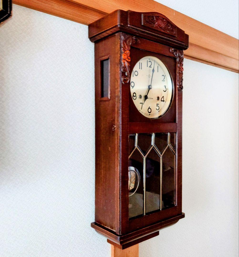 〈完動・美品〉精工舎　ステンドグラス調　スリゲル宮型ゼンマイ振り子時計