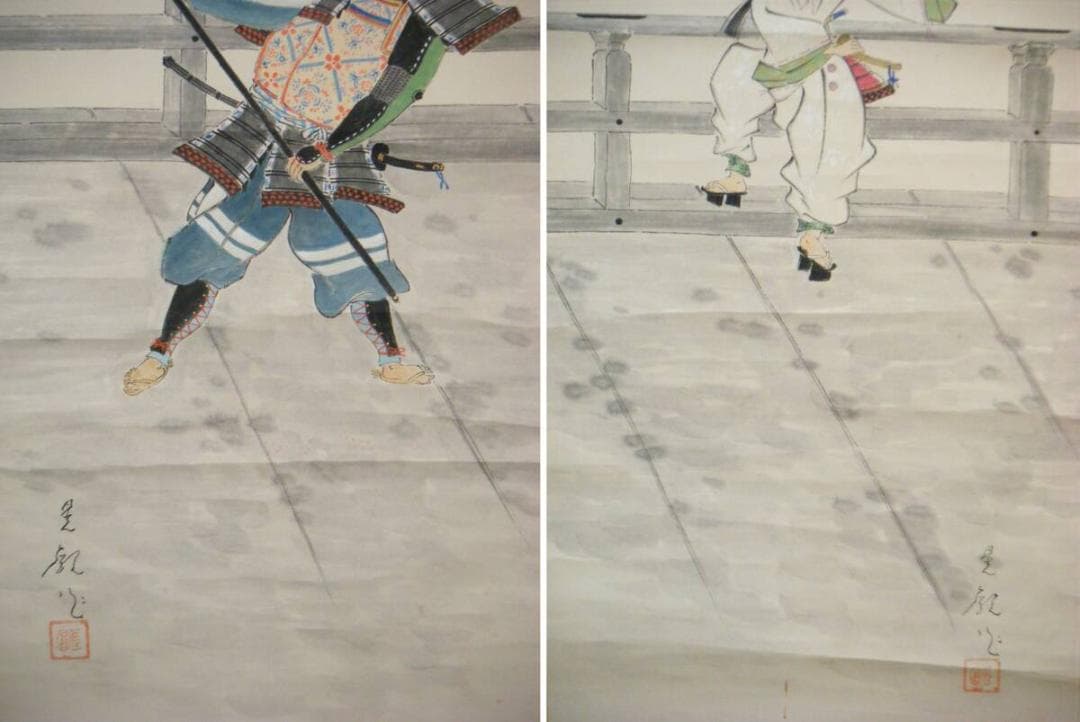 【真作】掛軸　双幅　弁慶と牛若丸　逸品　共箱入　O16