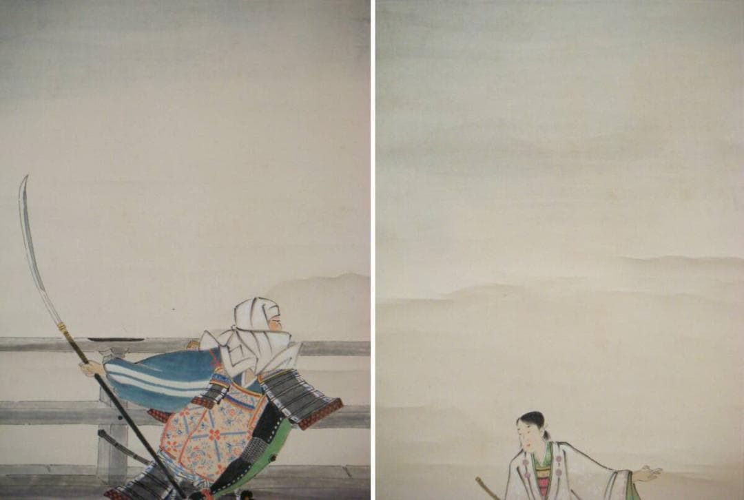 【真作】掛軸　双幅　弁慶と牛若丸　逸品　共箱入　O16