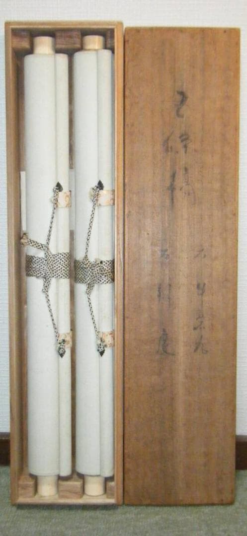 【真作】掛軸　双幅　弁慶と牛若丸　逸品　共箱入　O16