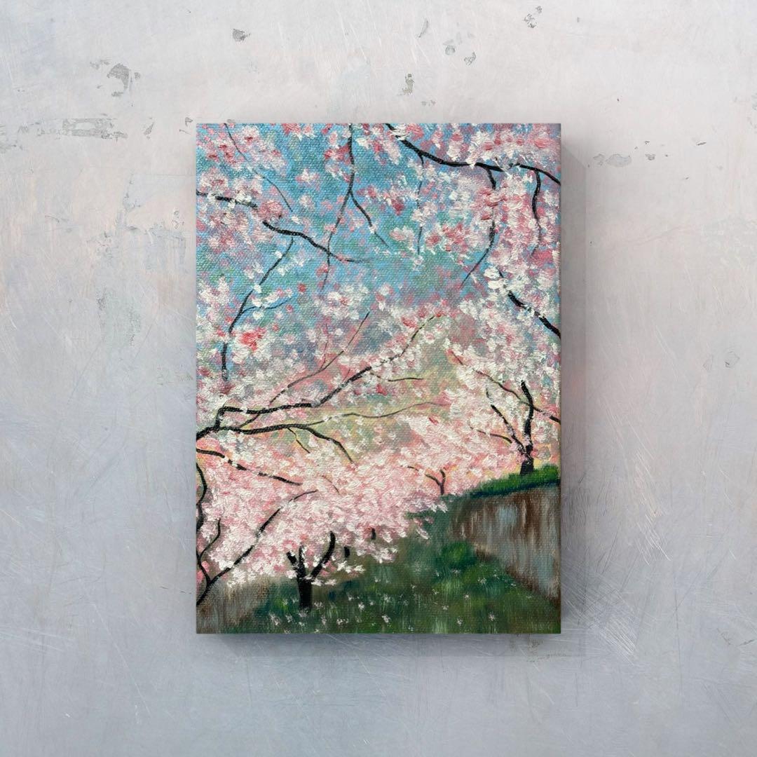 「早桜」　手描き　油絵　油彩画　風景画　原画