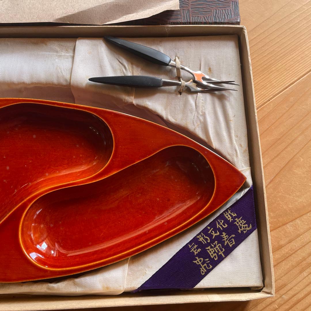 飛騨春慶　漆器 魚型皿 フォーク付き