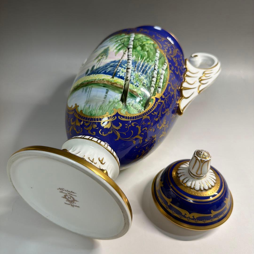 ノリタケ 飾り壺 金彩 コバルトブルー ハンドペイント 風景