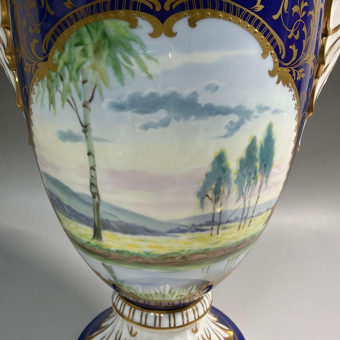 ノリタケ 飾り壺 金彩 コバルトブルー ハンドペイント 風景
