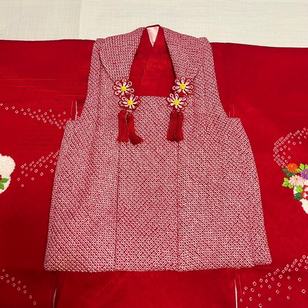 七五三 3歳 フルセット 総絞り 着物 正絹 被布 刺繍 三歳 赤 草履 753