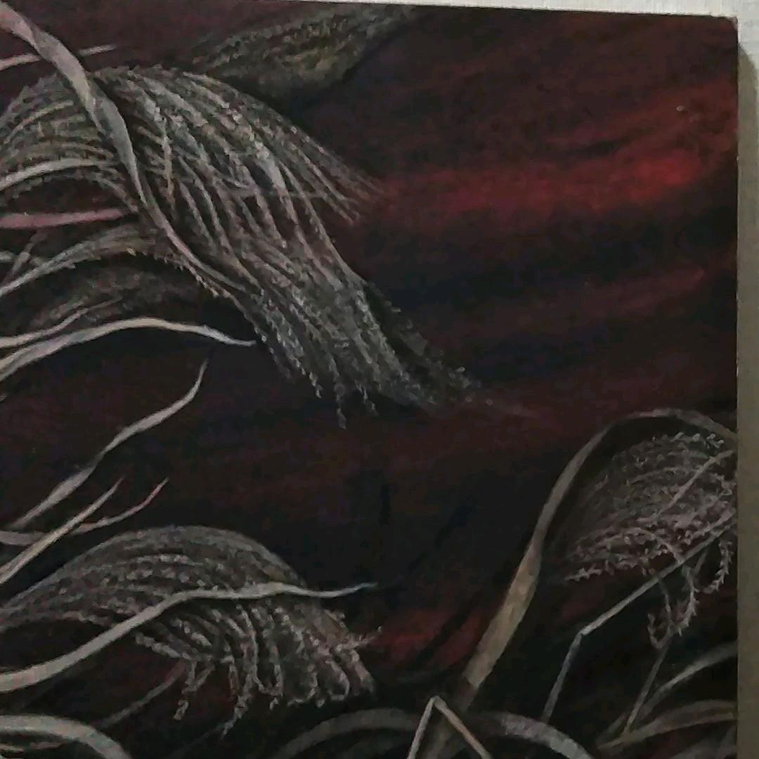 日本画　夕日に燃えるすすき