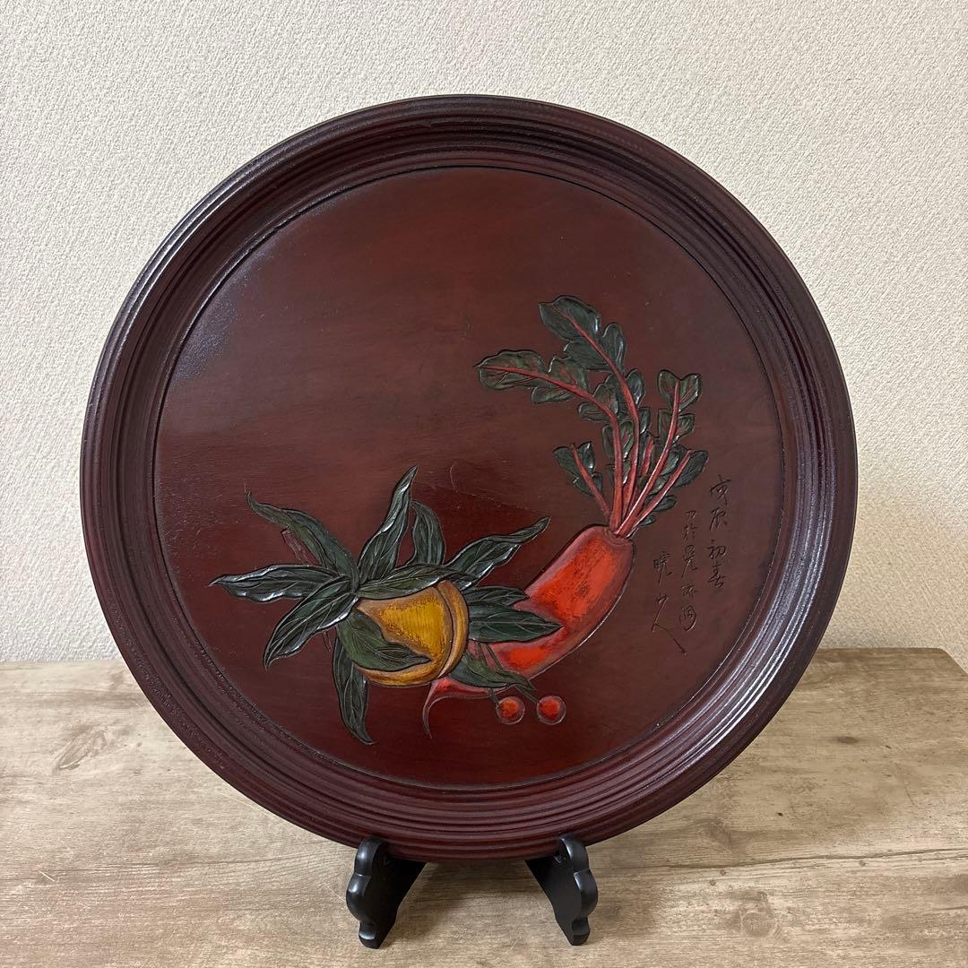 時代　彫抜色絵絵替丸盆　讃岐彫象谷塗　5枚　古盆　古木箱有〈検 烏城　四国　鎌倉