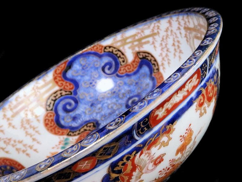 古伊万里　金襴手　流水にオシドリ　菊に尾長鳥の図　大鉢　D078AS-fbqm