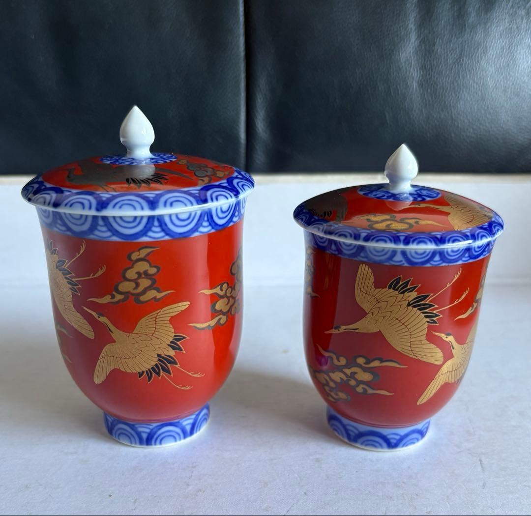 深川製磁 錦手波鶴紋 夫婦湯呑 蓋付 宮内庁御用達 - メルカリ