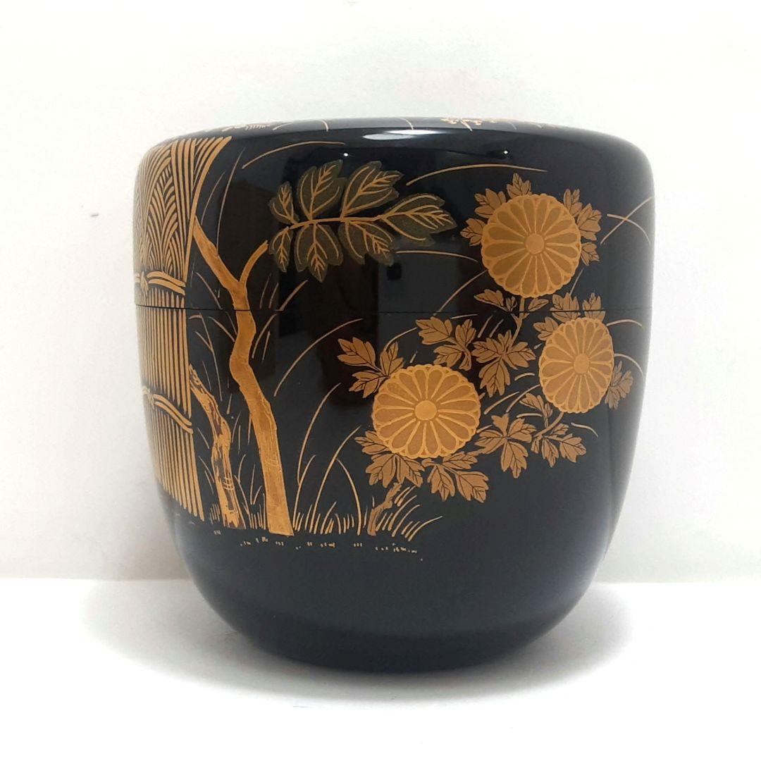 茶道具中出松峰作雪付花蒔絵螺鈿装飾中棗共箱仕覆付V6282