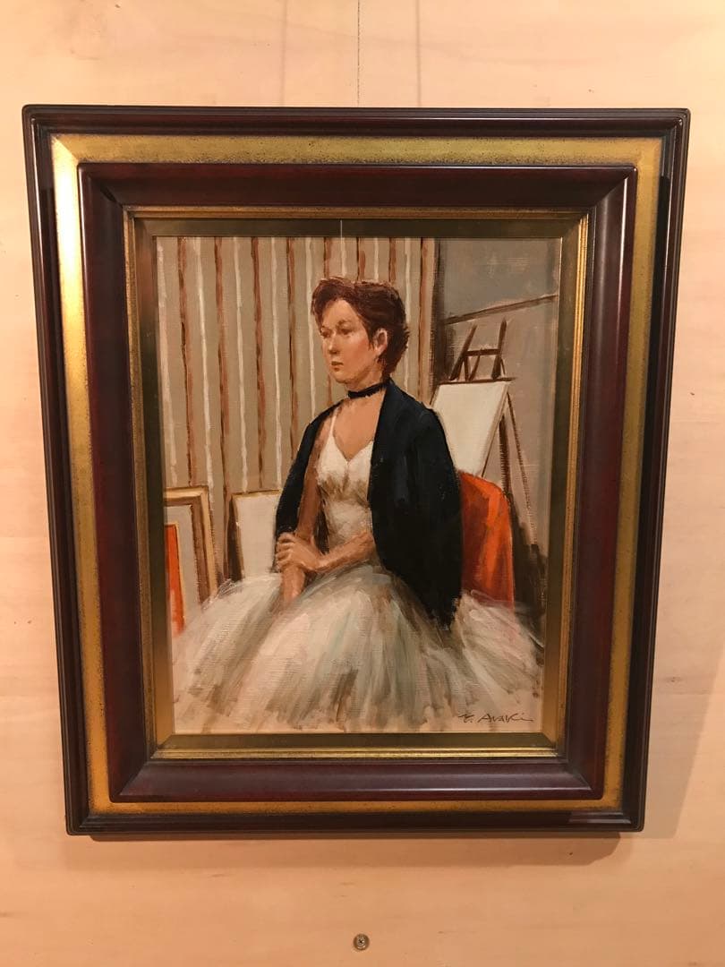 荒木義太郎「アトリエの中のバレリーナ」油彩F6号 画面右下・額裏に