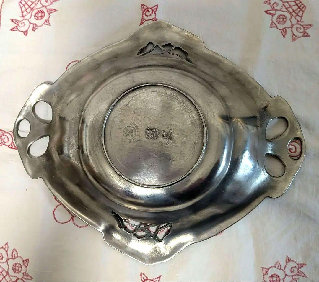 AUSTRIA 持ち手付きボウル トレー 皿 ポピー柄 透かし ピューター製