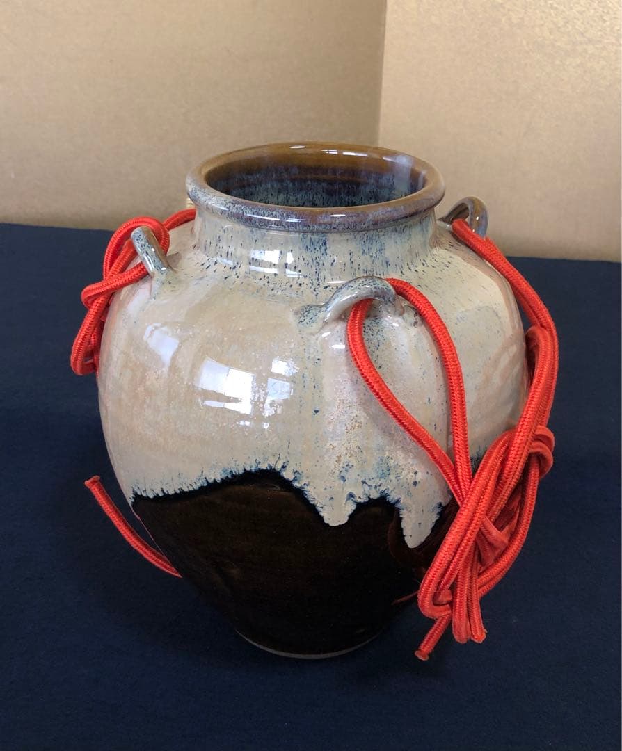 《R》茶道具 四つ耳 飾壷 飾り紐 網紐 口覆 在銘 共箱　250723E6