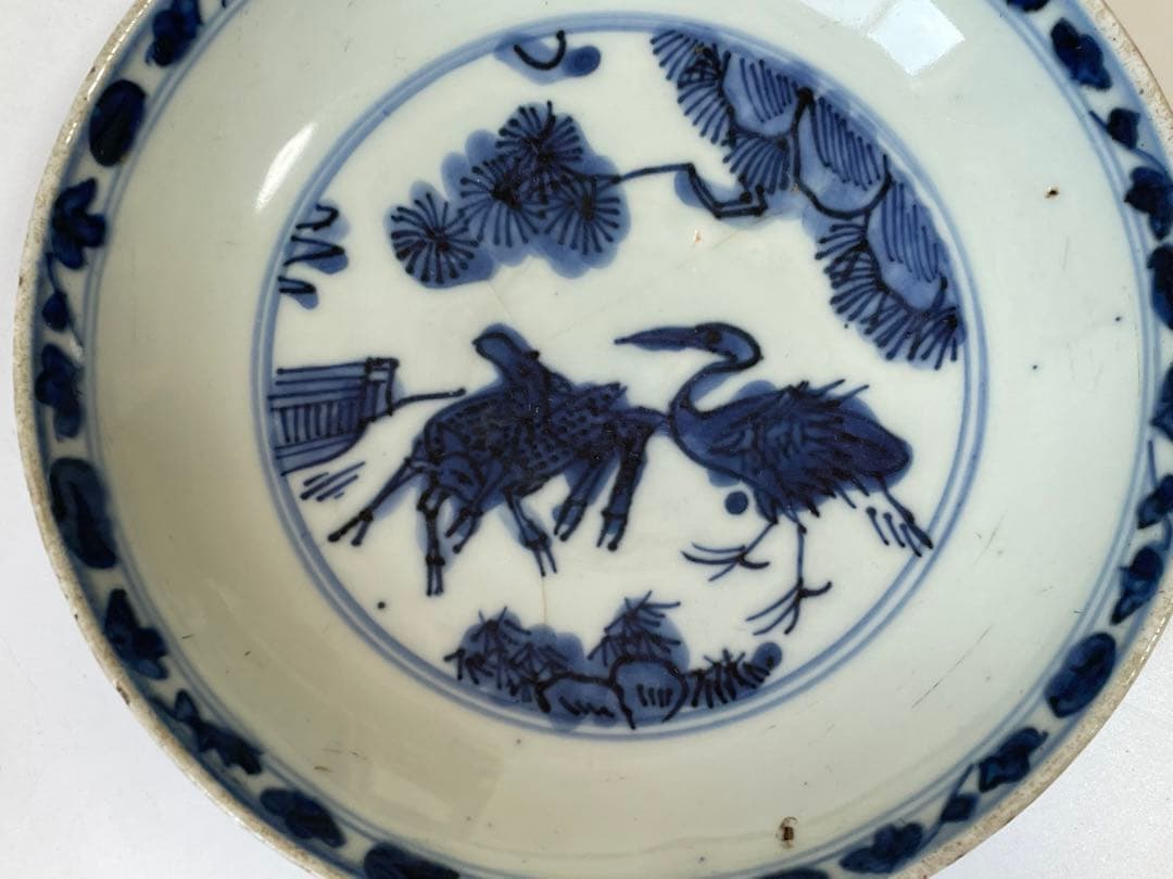 骨董 アンティーク 古染付 青花 松鹿鶴図 五寸皿 丸皿 清朝