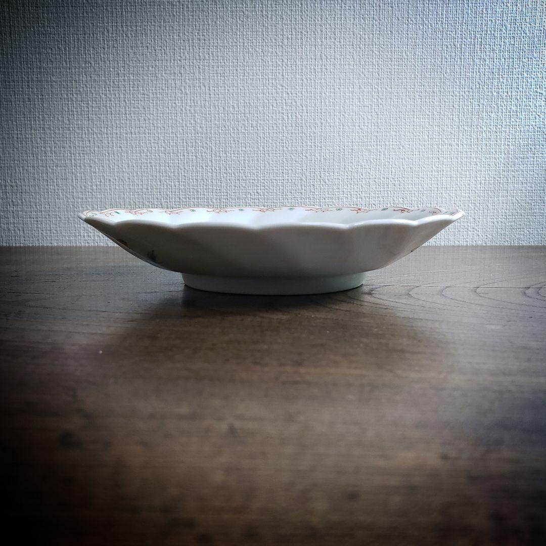 色絵付 皿 鳳凰 ねじり花弁縁 古伊万里 花文 唐草 銘 窯傷 ハ