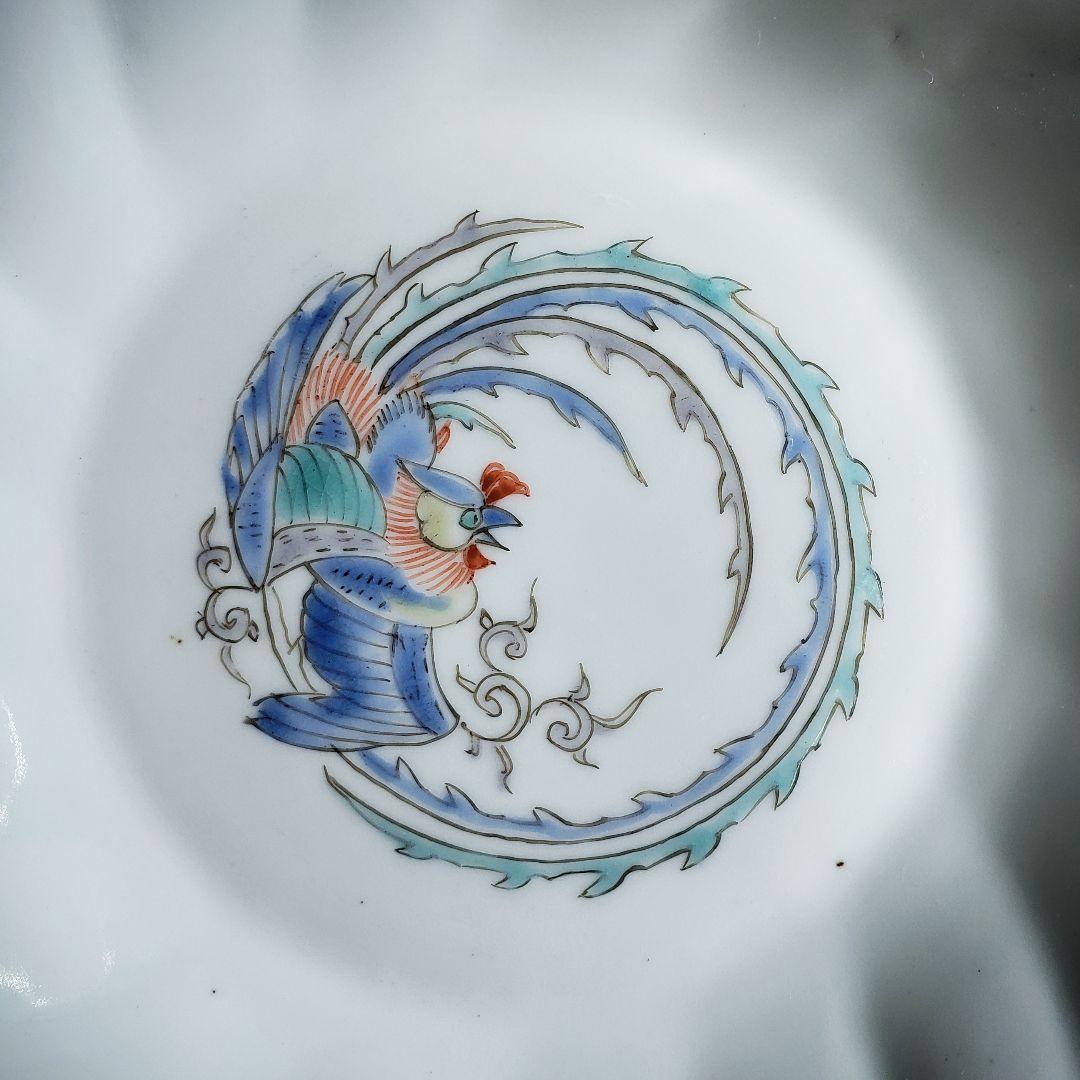 色絵付 皿 鳳凰 ねじり花弁縁 古伊万里 花文 唐草 銘 窯傷 ハ