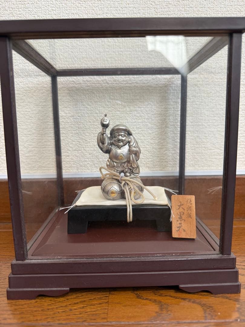 大黒天像 金属製 ガラスケース付き 純銀製 恵比寿 置物 ガラスケース付
