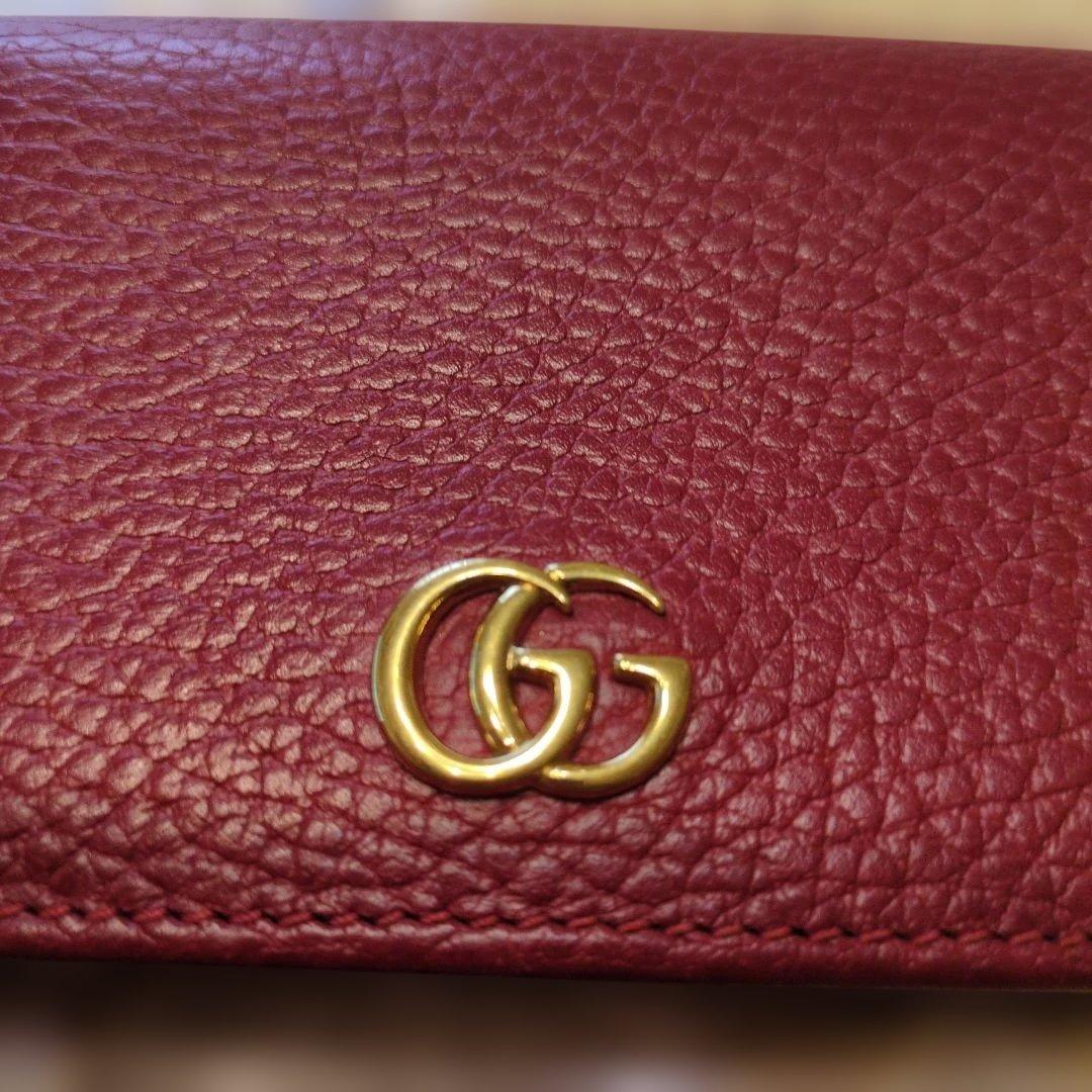 美品✨️ グッチ マーモント 二つ折り財布 GGロゴ金具 レザー 赤