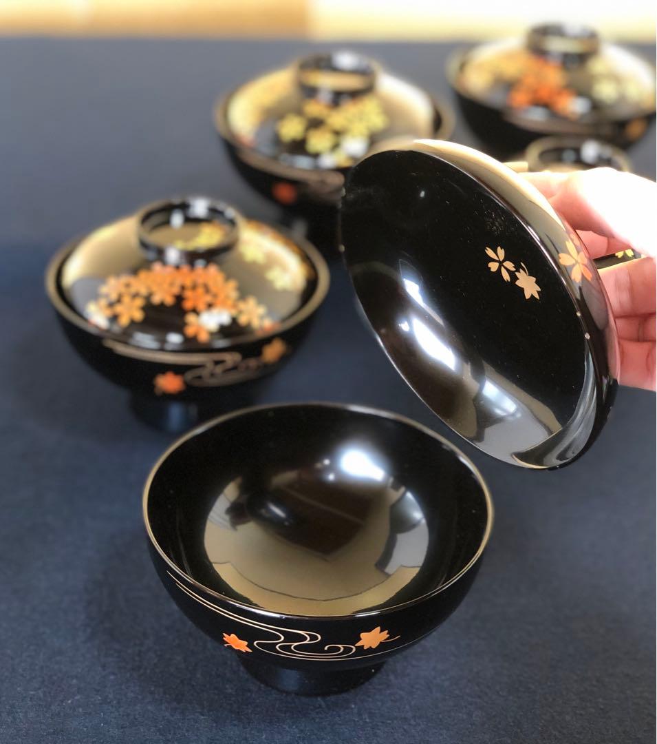 《レ》輪島塗 流水雲錦蒔絵 吸物椀5客 わじま龍作 共箱　251030う2