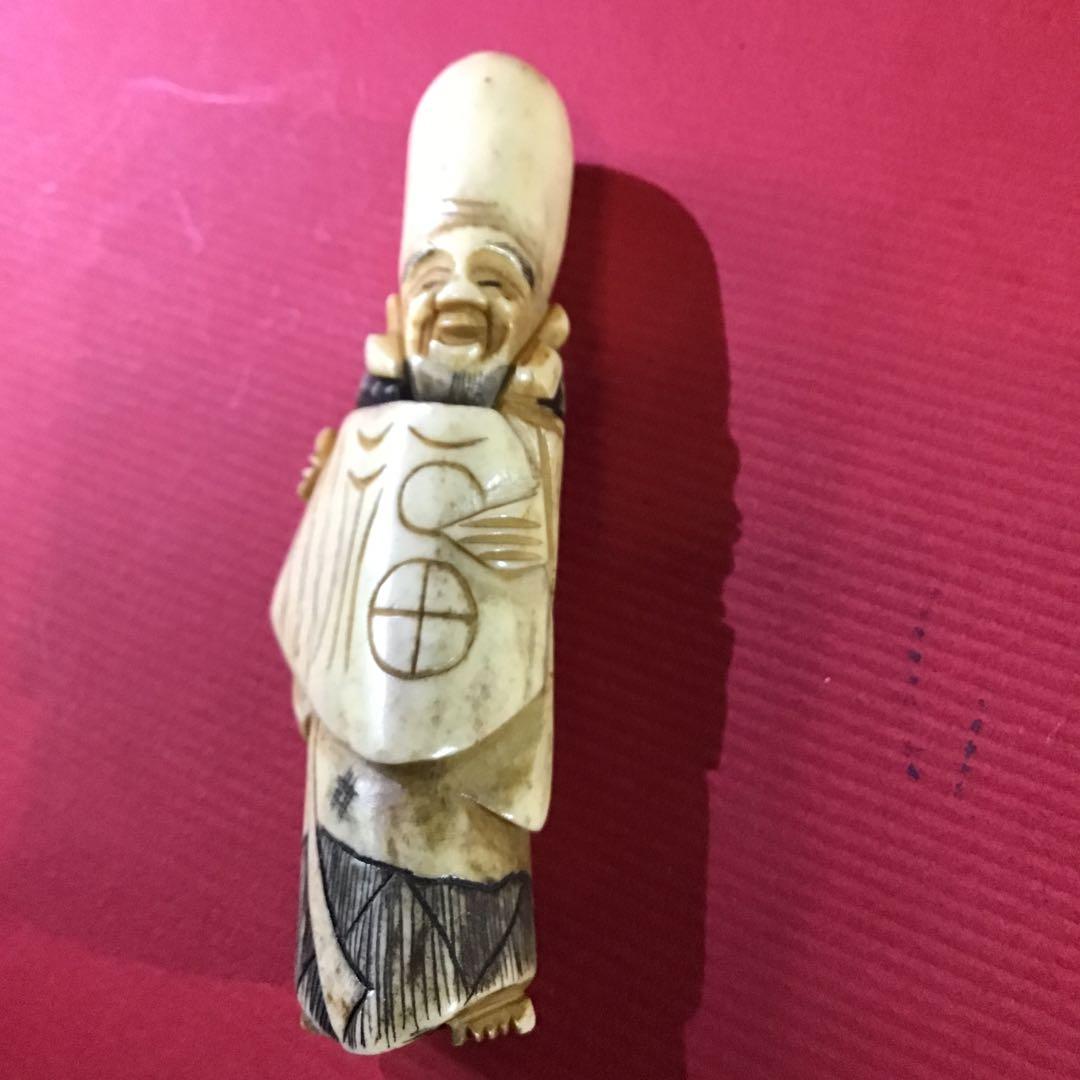 根付 布袋図 ホンシュウ鹿角 江戸時代保証 N12