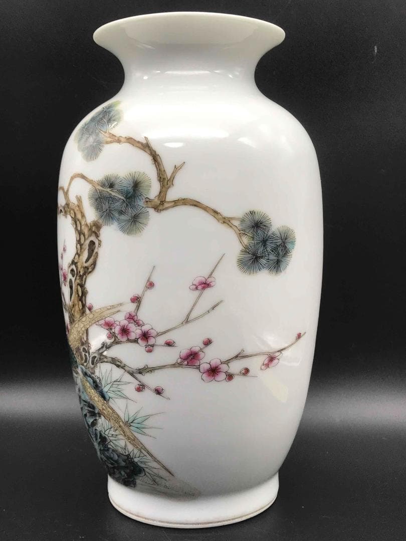 中国古美術 清時代 「大清光緒年製」在銘 粉彩花鳥詩文瓶 繊細細密(A