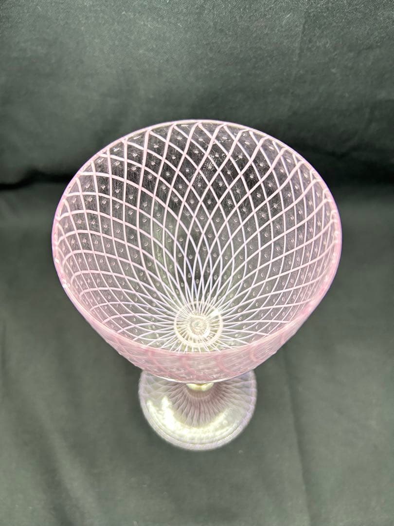 ベネチアングラスSeguso製ピンクワイングラス レース模様ヴィンテージ