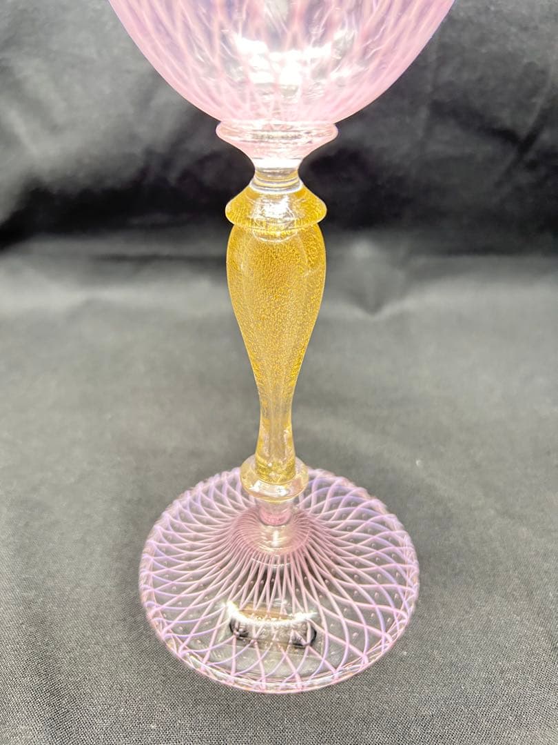 ベネチアングラスSeguso製ピンクワイングラス レース模様ヴィンテージ