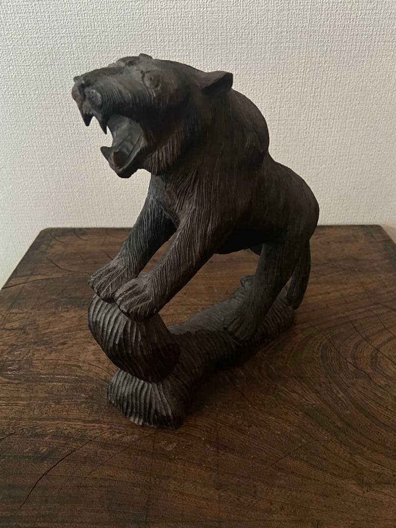 清末 中国古玩 黒檀 熊彫刻｜100年以上前 書斎飾り Washi-covered