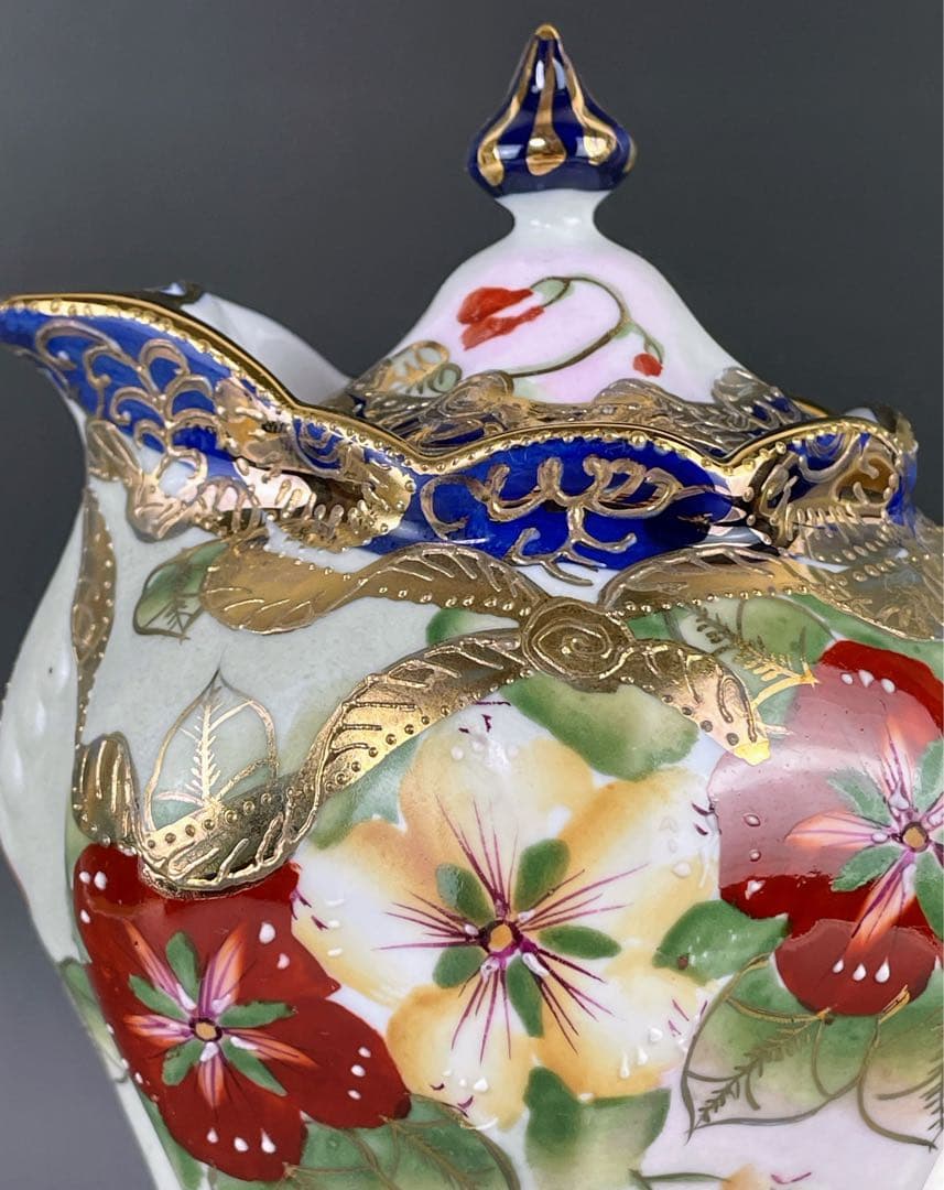 美品】オールドニッポン 約24cm 金盛り 花紋 チョコレートポット ティー