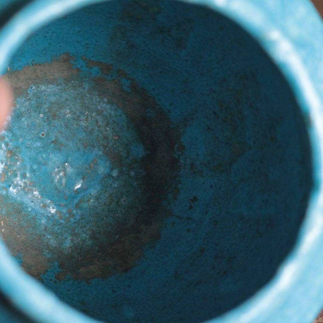 鮮やかな ターコイズブルー 壺 古道具 アンティーク 花器